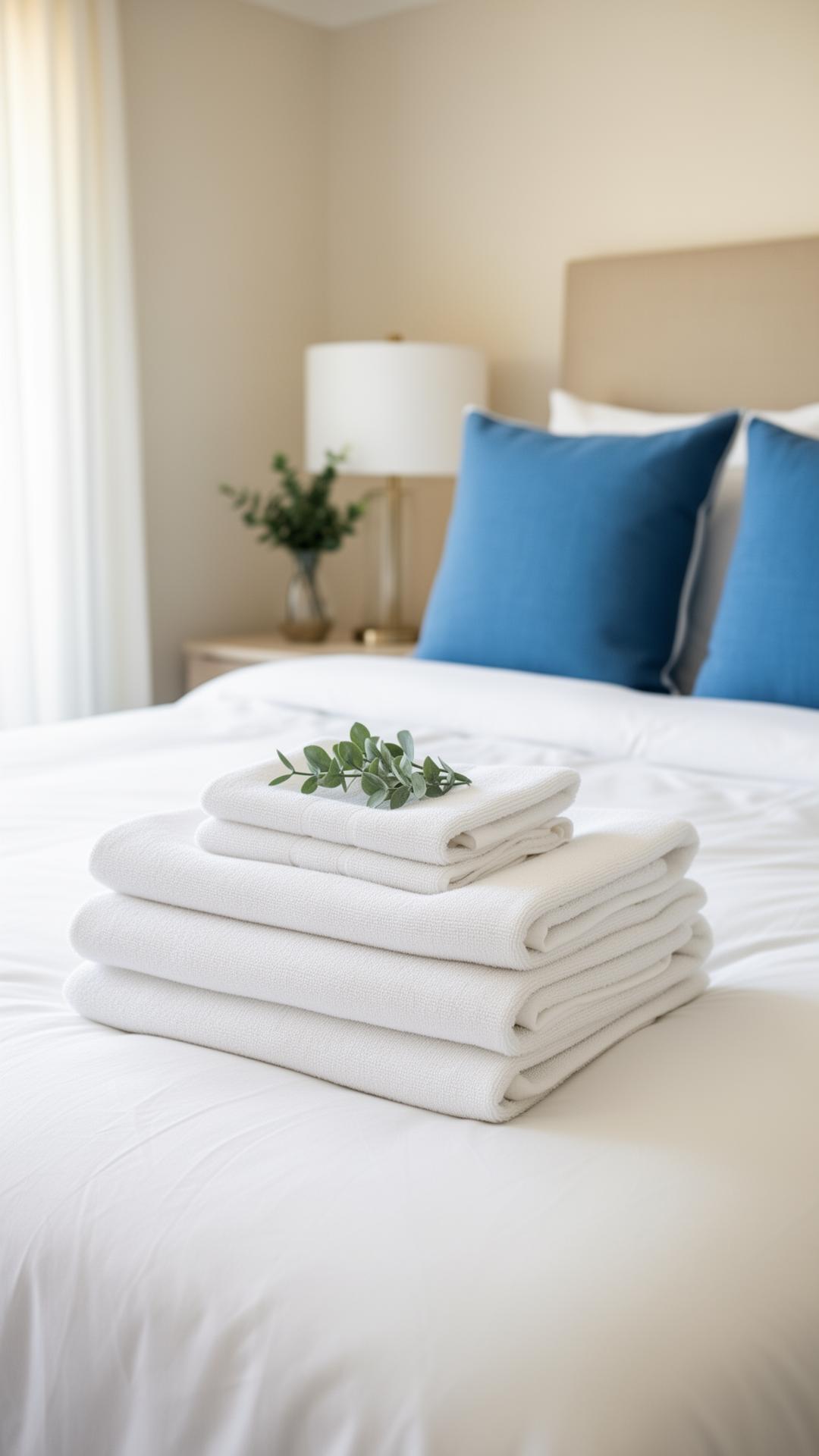 Crisp folded white linens on a freshly made bed